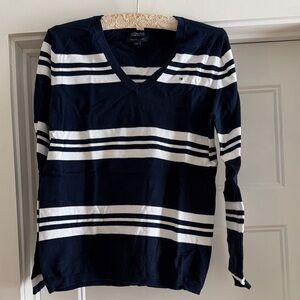 Tommy Hilfiger Navy and White V-Neck Sweater